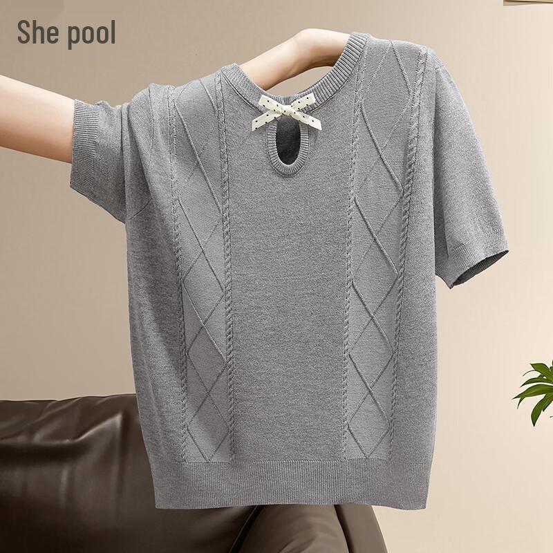 Women s Ice Silk Bow Hollow-out Knit T-shirt One Size