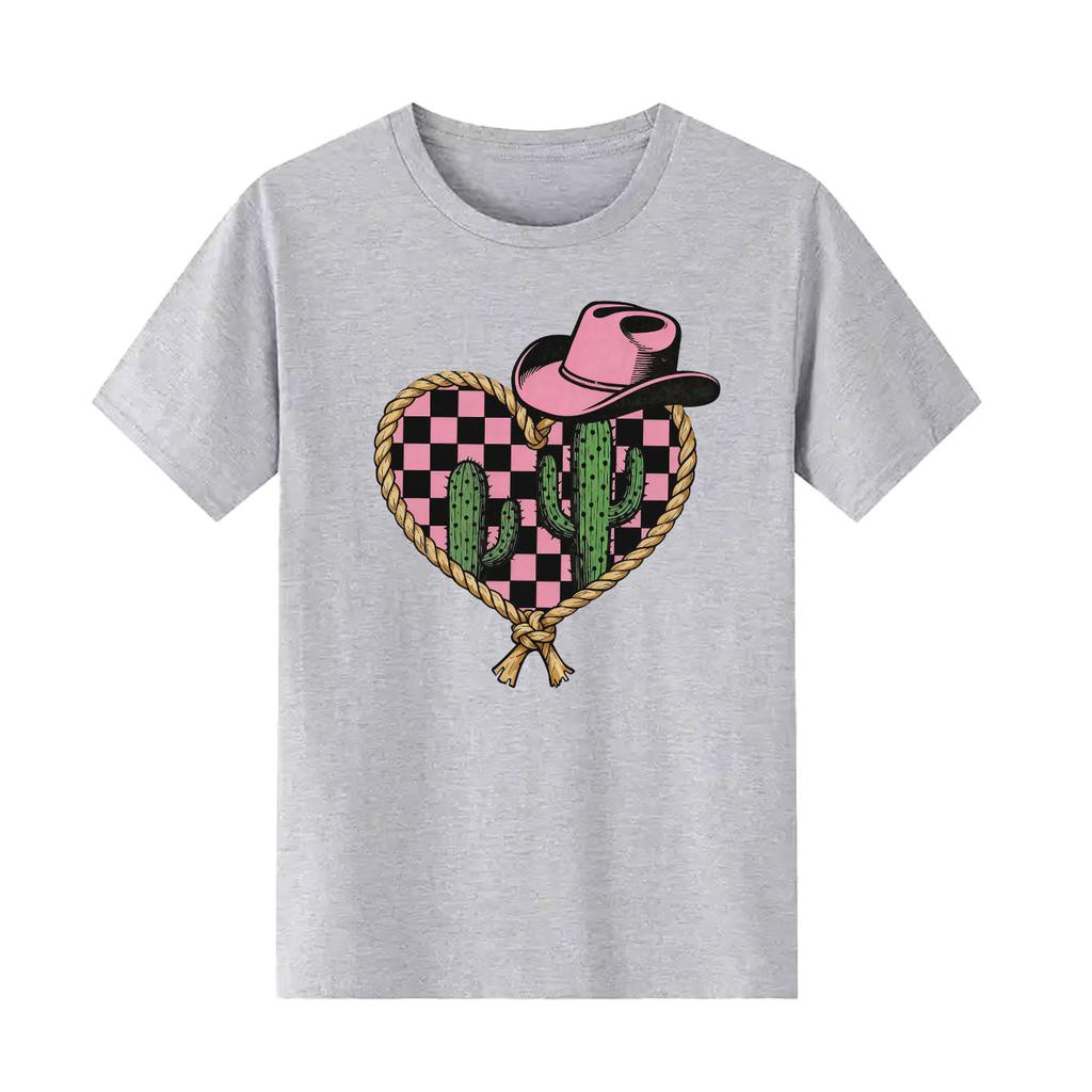 Retro Western Cowboy Hat Printed Womens Short Sleeved Tshirt Summer Round Neck Suitable for Versatile Daily Use