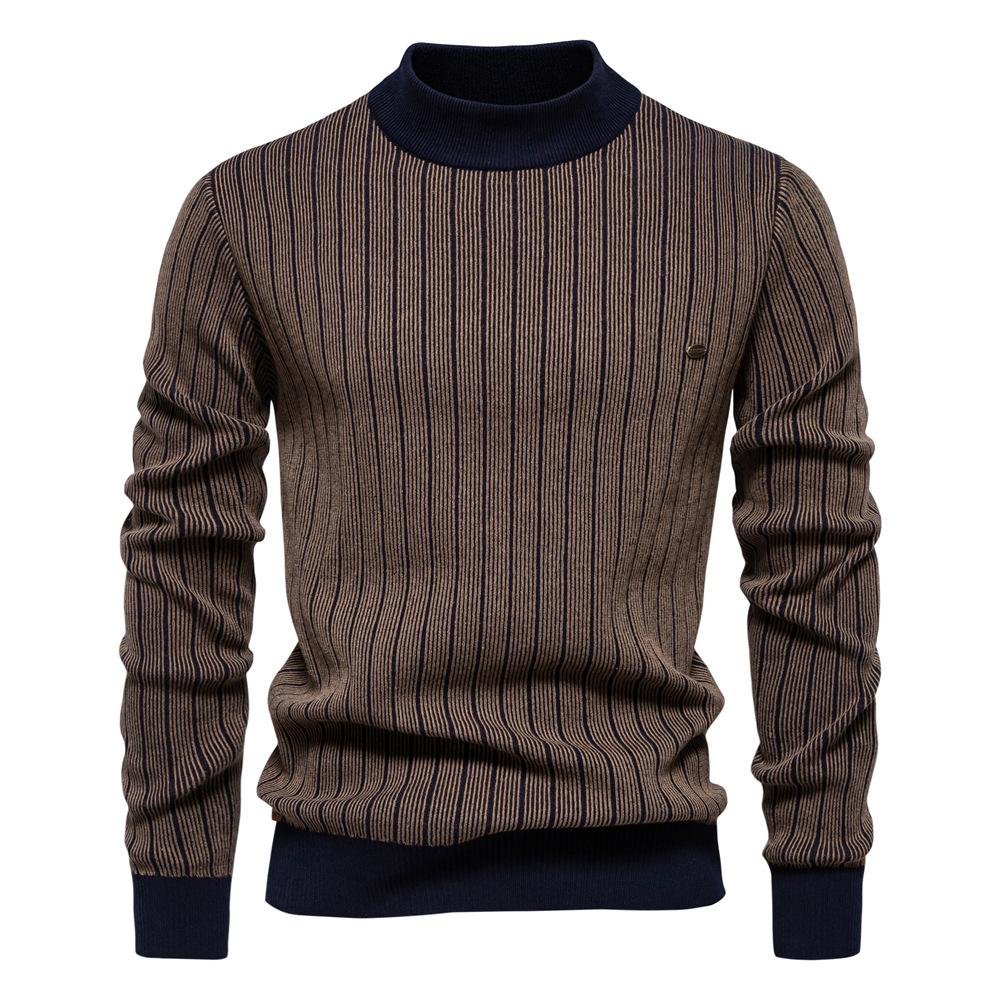 2025 Autumn And Winter New Semi High Neck Slim Striped Top Fashionable And High-Quality Men'S Pullover Sweater