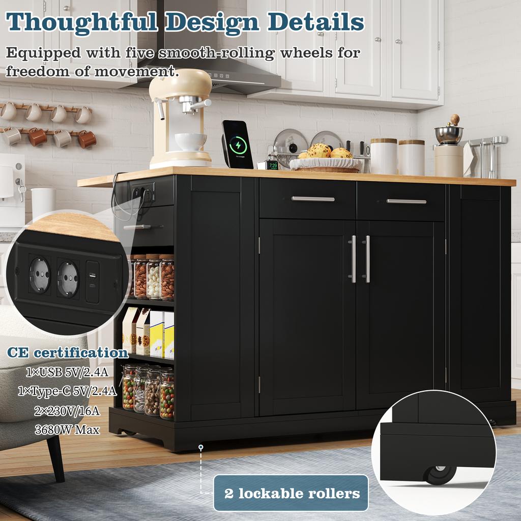 138 cm, Isola da Cucina con Piano di Lavoro Pieghevole, Ruote Silenziose, Presa EU, Ripiani Regolabili e Scomparto Rifiuti Estraibile - Nero con Effetto Legno