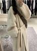 Plus-Size Wool Coat with Large Lapel, Bathrobe Style, Extra Long, Thick, Belted, for Women.