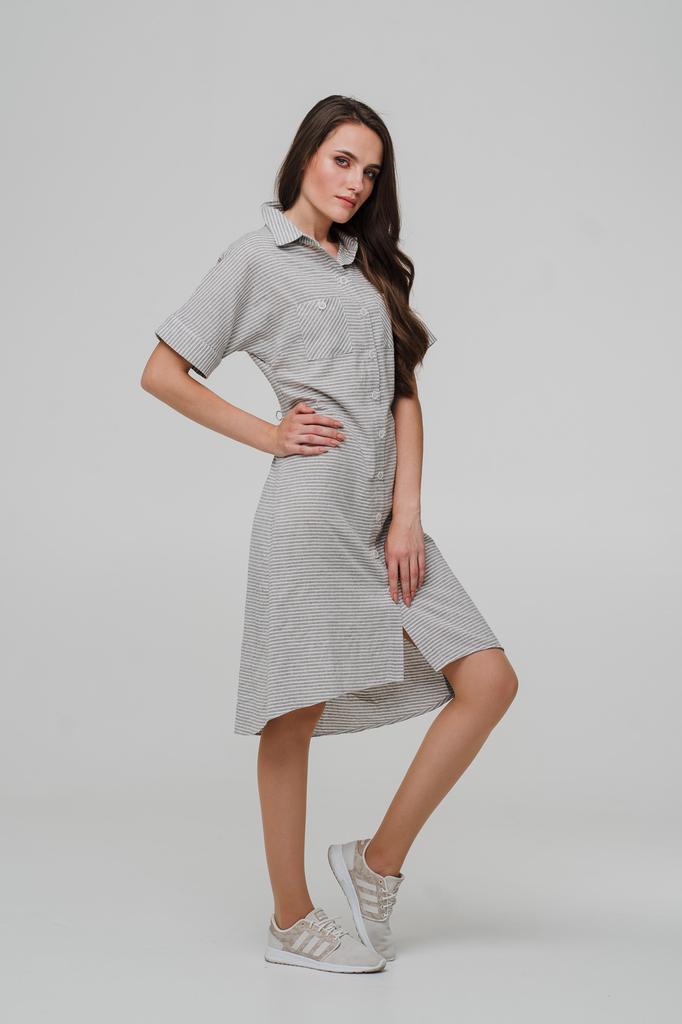 Платье-рубашка в полоску со льна и коротким рукавом
