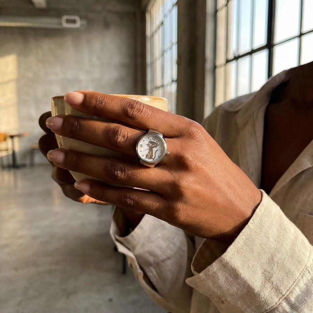 Round Finger Ring Watch Gold Cat Dial Clock Punk Quartz Watch  Clothes Accessories