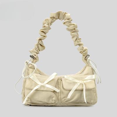 Borsa a tracolla con fiocco alla moda da donna, casual, in nylon, con coulisse, borsa a mano stropicciata