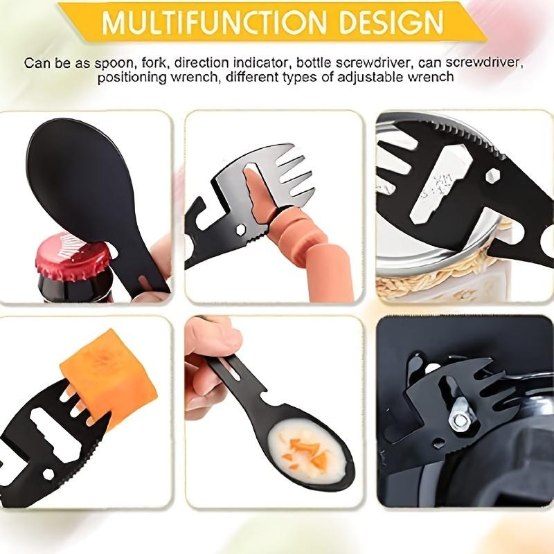 1-20PCS 5 In 1 Stainless Steel Fork Spoon Knife Can Opener Bottle Opener Wrench Multifunctional Gear Outdoor Camping Supplies