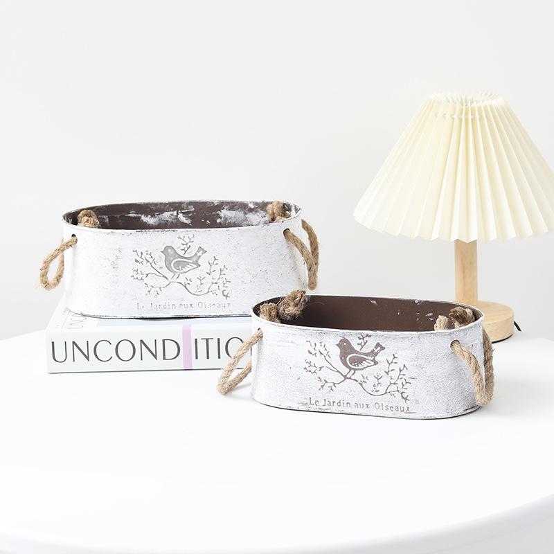 Ovaler Blumentopf aus Metall im Vintage-Stil mit Hanfseil für Sukkulenten und Grünpflanzen