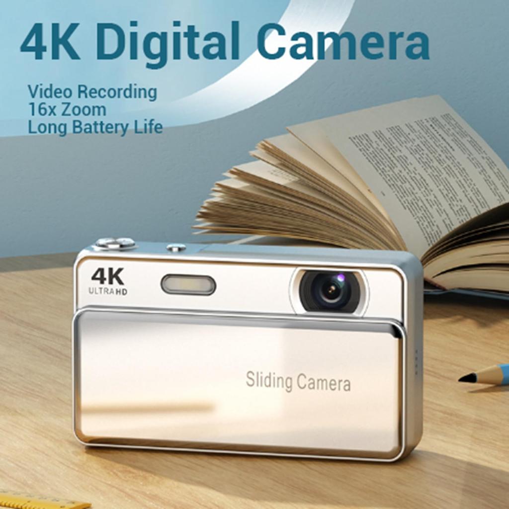 Sxhlseller 4K Digital Camera 64MP Retro Slide Camera with Compact Pocket Camera for Vlogging and Travel Recording - 2.8-inch Screen, (Silver)