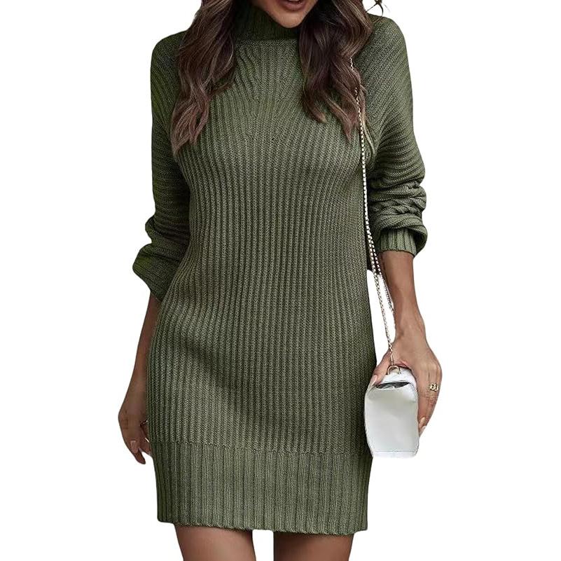 Women's Mock Neck Sweater Dres Long Lantern Sleeve Rib Knit Stretch Bodycon Sweater Dress