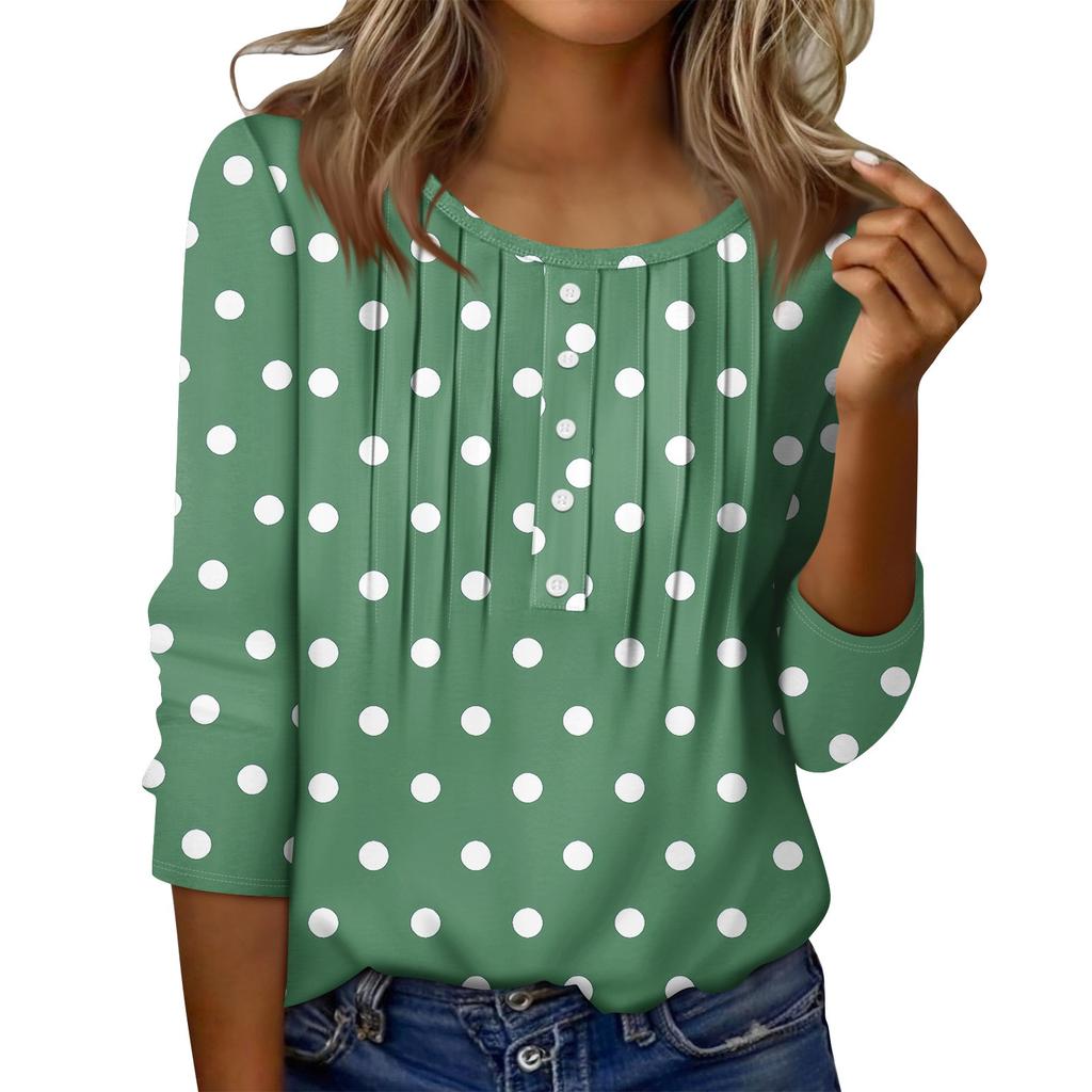 Women's Round Neck Pull Stripe Decorative Button Top Casual Solid Color 3/4 Sleeve T Shirt