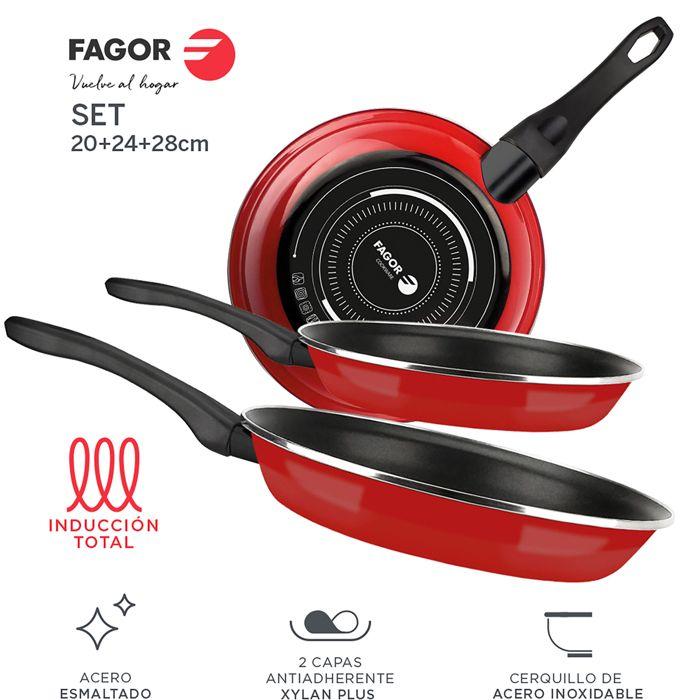 Set de Poêles à Frire Induction 20-24-28 cm Acier Émaillé, Antiadhésif sans PFOA FAGOR Optimax Rouge 01366