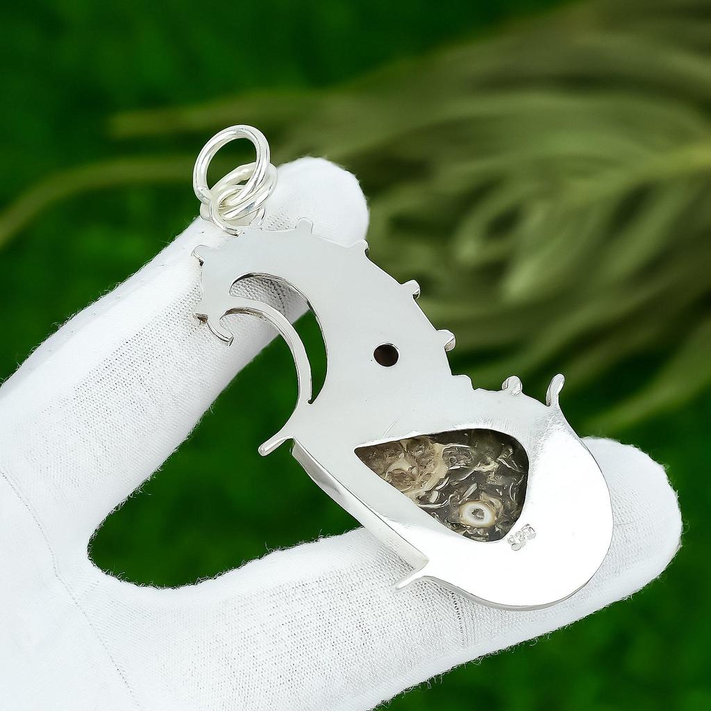 Pear Natural Turritella Agate Mozambique Garnet 925 Silver New Pendant Jewelry