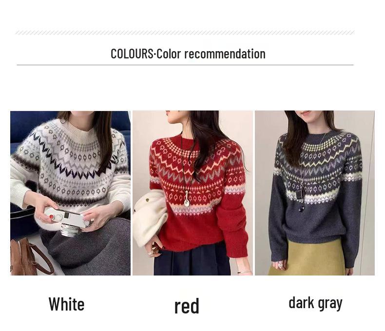 Retro Red Jacquard Knit Sweater - Korean Style Color Block Round Neck for Women