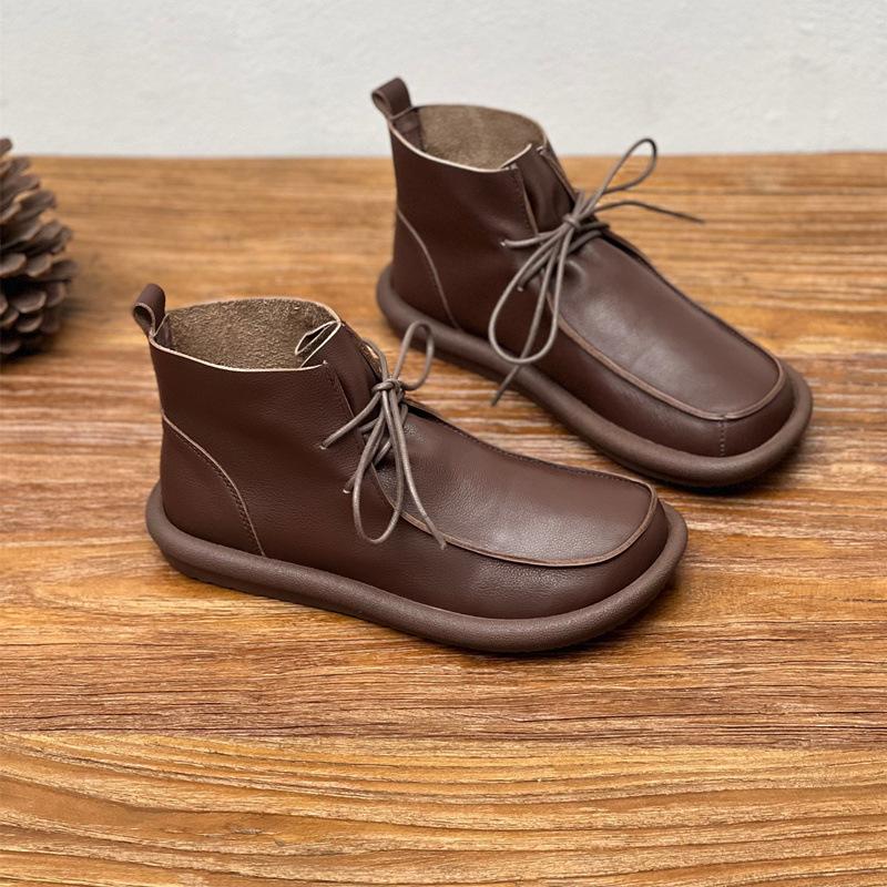 Echte Lederstiefel aus Baumwolle, handgefertigt, Vintage, runde Zehenpartie, flache Unterseite, warme Stiefel aus Rindsleder