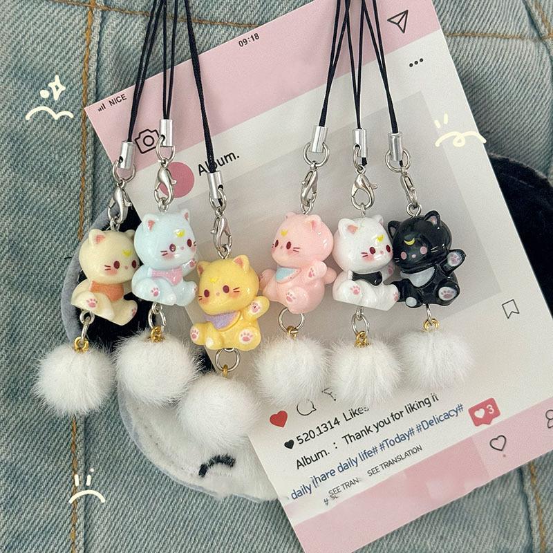 Cartoon Kitten Plush Ball Keychain Anti Lost Phone Charm Pendant Cellphone Chain Phone Lanyard Strap Women Girls