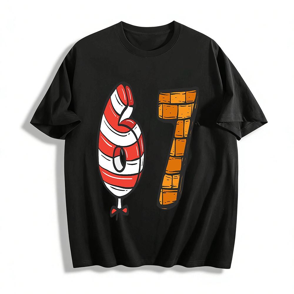 Funny Red White Stripe Number 6 Brick Wall Number 7 Print Tee Pure cotton T-shirt XXS