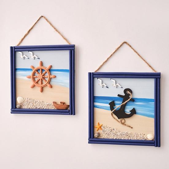 Wood Beach Framed Wall Art Coastal Ocean Theme Wall Hanging Sign with Steer Wheel Conch Sailboat for Bathroom Bedroom Living Room Decor