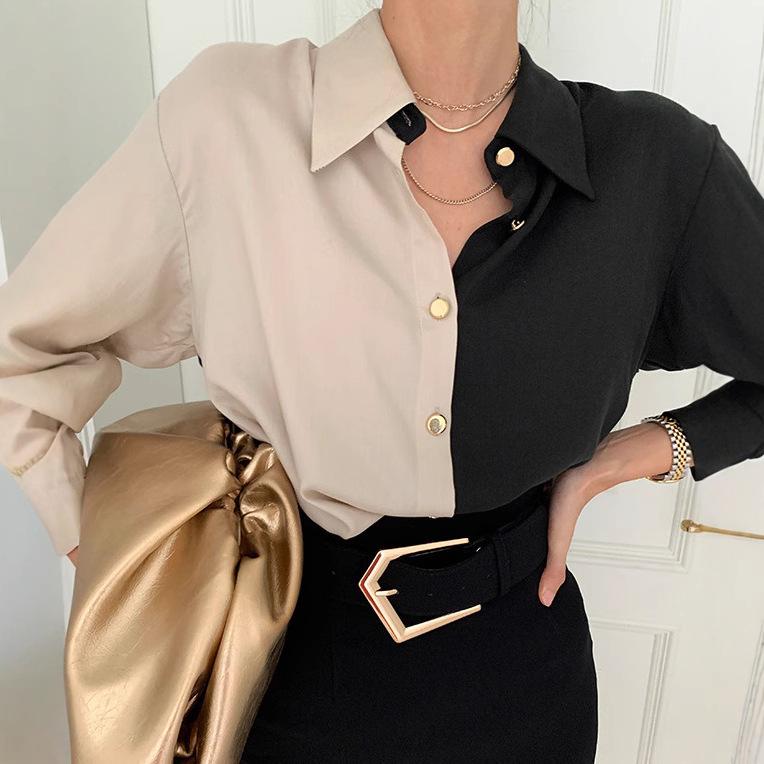 

Retro Chic Color Block Single-Breasted Women s Long Sleeve Shirt Extra Large