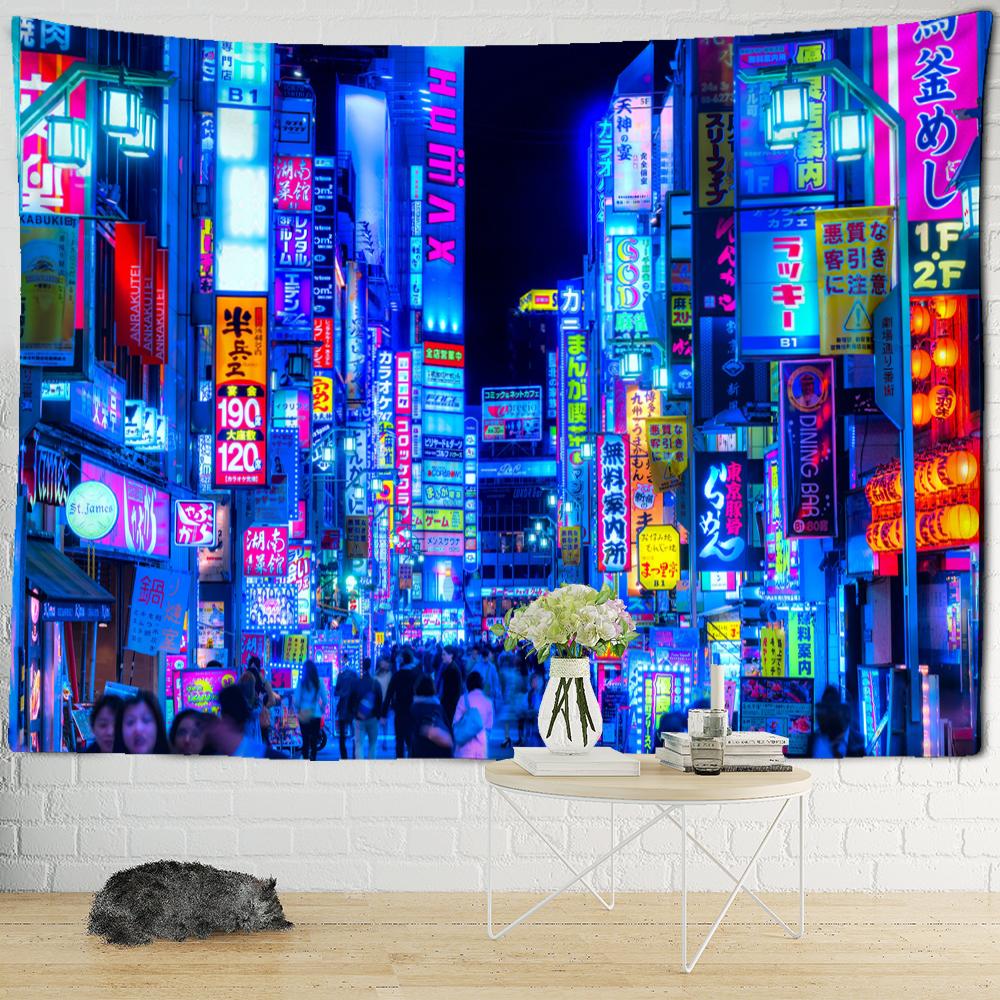 Tapestry s nočním pohledem na Tokio Psychedelická látka na pozadí čarodějnictví Nástěnná dekorace Cikánský domov Dekorace místnosti