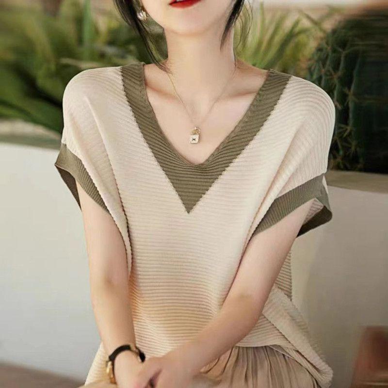 Fashion Striped Contrasting Colors Pullovers Loose Summer New Short Sleeve Female Korean Elegant V-Neck Spliced Knitted T-shirt