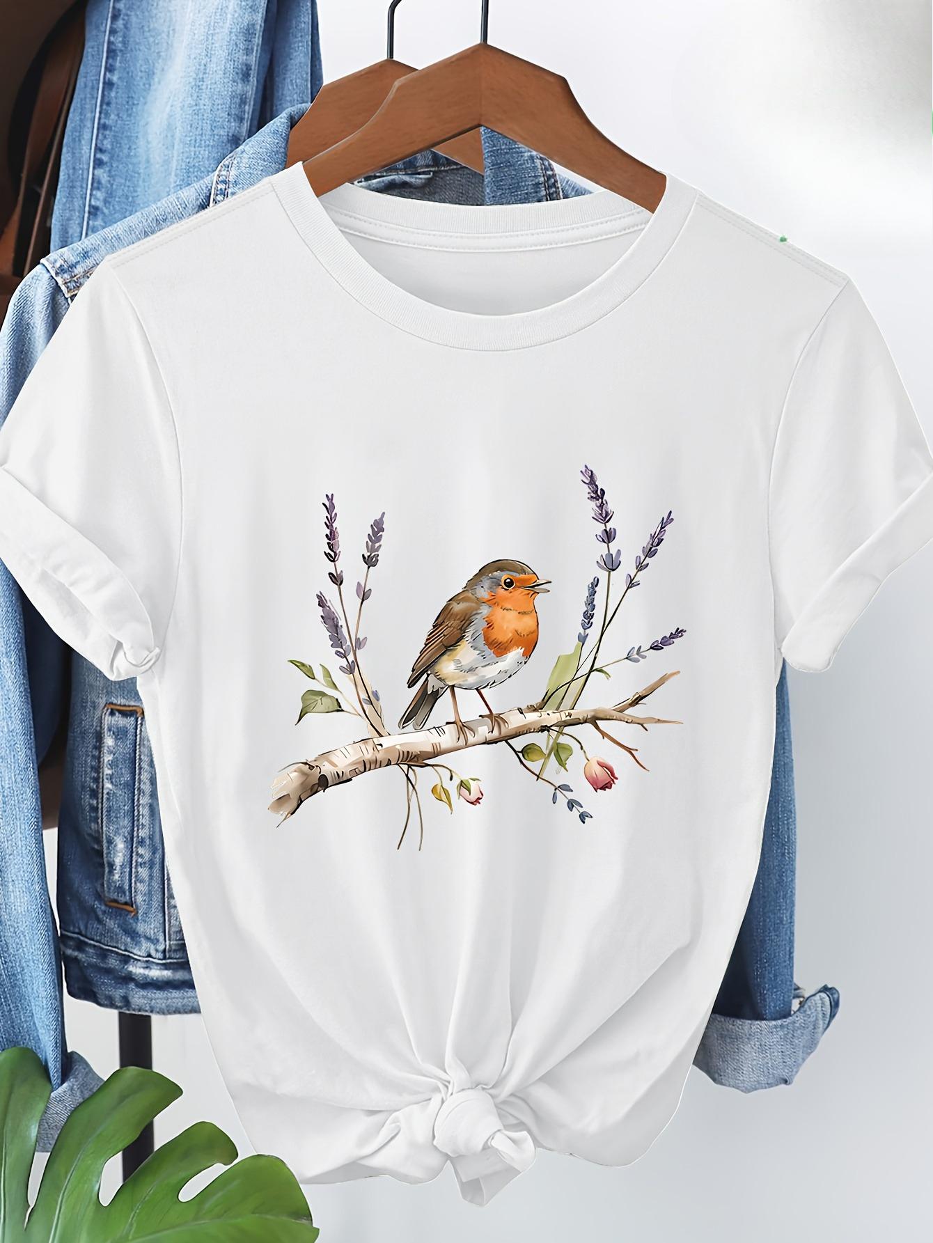 Women s Short Sleeve T-Shirt - Peaceful Robin Bird Standing on Branch - Lavender and Floral Print Casual Wear graphic t shirts S