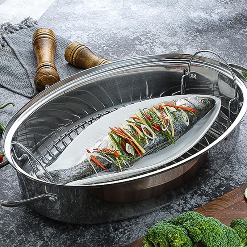 Stainless Steel Steaming Pot with Lid for Fish Vegetables Eggs Multipurpose Double Handle Roasting Pan Kitchen Cookware