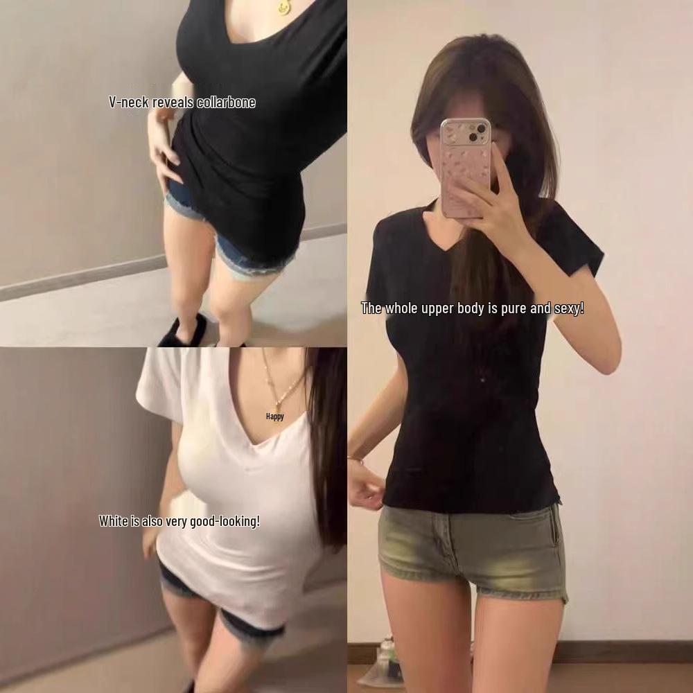 T-shirt d'été à manches courtes et col en V pour femme, coupe slim: Design Élégant, Polyvalent et de Haute Qualité