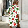 Women Plus Size Collared Neck Short Sleeve Ginkgo Leaf Printed Button Front Curved Hem Shirt Dress White Green