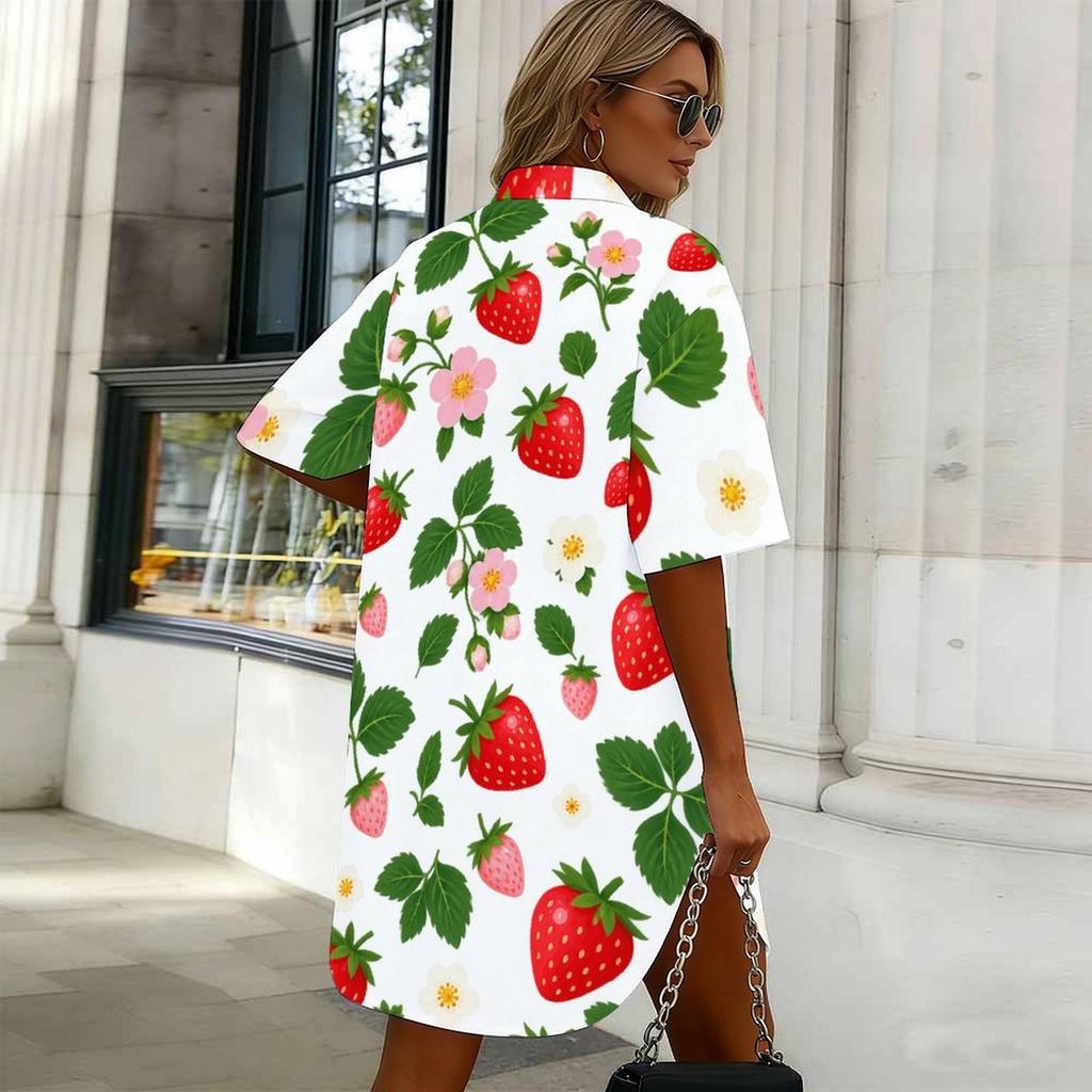 Women Plus Size Collared Neck Short Sleeve Ginkgo Leaf Printed Button Front Curved Hem Shirt Dress White Green