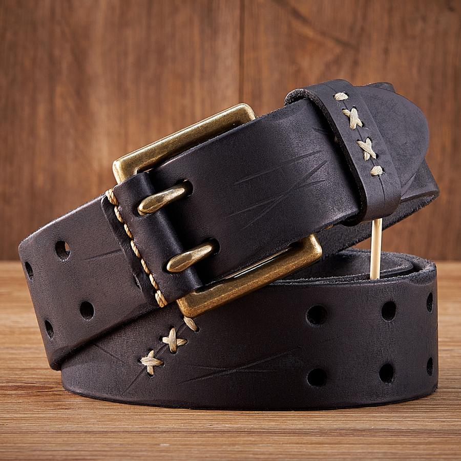 

3.8CM Original Genuine Leather Army Tactical Belt Double-needle Buckle Men s Belt Washed Water Made Old Macho Jeans Belt 130cm чорний