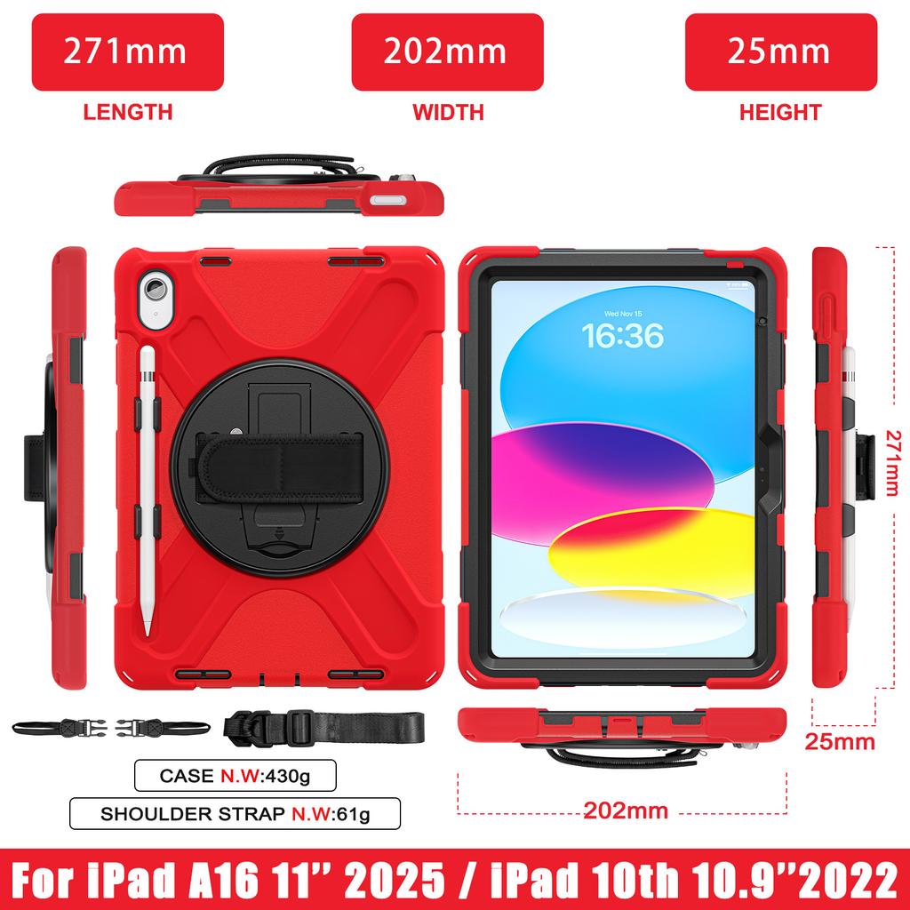For iPad 11th Gen 11 inch 10th 10.9" With 360 degree rotate Stand Case cover with shoulder strap and pen holder