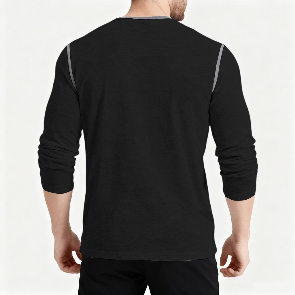 Men's Casual Long Sleeved Retro T-shirt With Three Buttons And Color Blocking Shirt