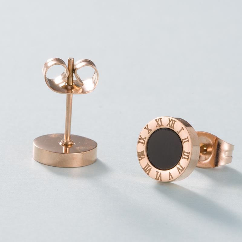 European & American Creative Titanium Steel Roman Numeral Black Round Earrings, Chic Women's Rose Gold Studs.
