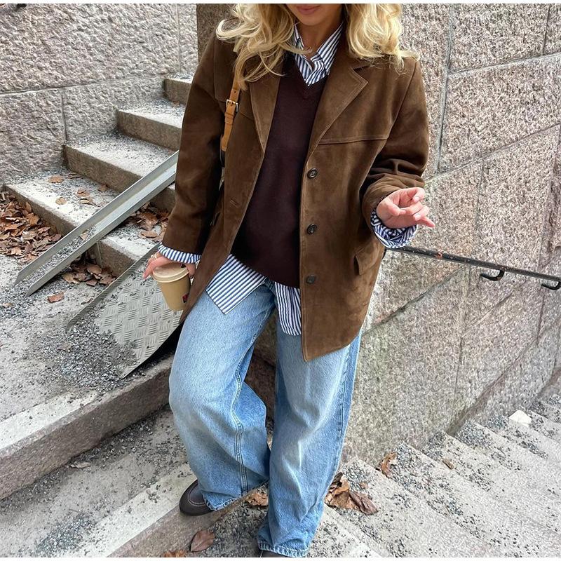 Casaco Castanho para Mulheres Primavera Colarinho Entalhado Manga Comprida Jaqueta Feminina Moda 2025 Solto Abotoamento Simples Casacos Femininos