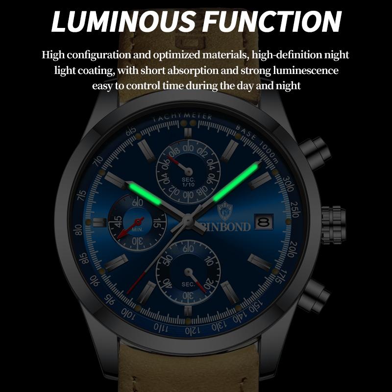 Luxury Brand New Fashion Men's Watches Real leather Strap Waterproof Sport Quartz Chronograph Military Watch Men Clock
