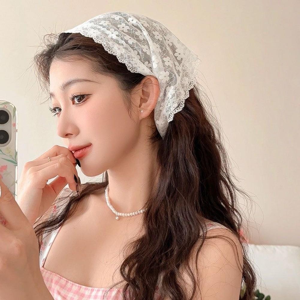 Delicate Lace Patterns Vintage Lace Hairband Plaid Triangle Scarf