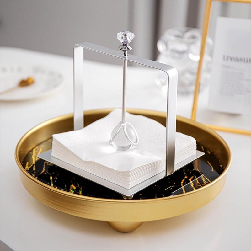 Desktop Tissue Holder Wrought Iron Crystal Ball Tissue Box Ornaments Restaurant Square Base Tissue Organizer for Room