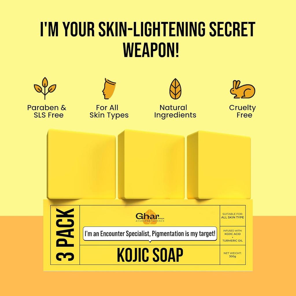 GHAR SOAPS Kojic Acid 2% Soap with Niacinamide for Pigmentation Dark Spots Brightening 100 g Pack of 3