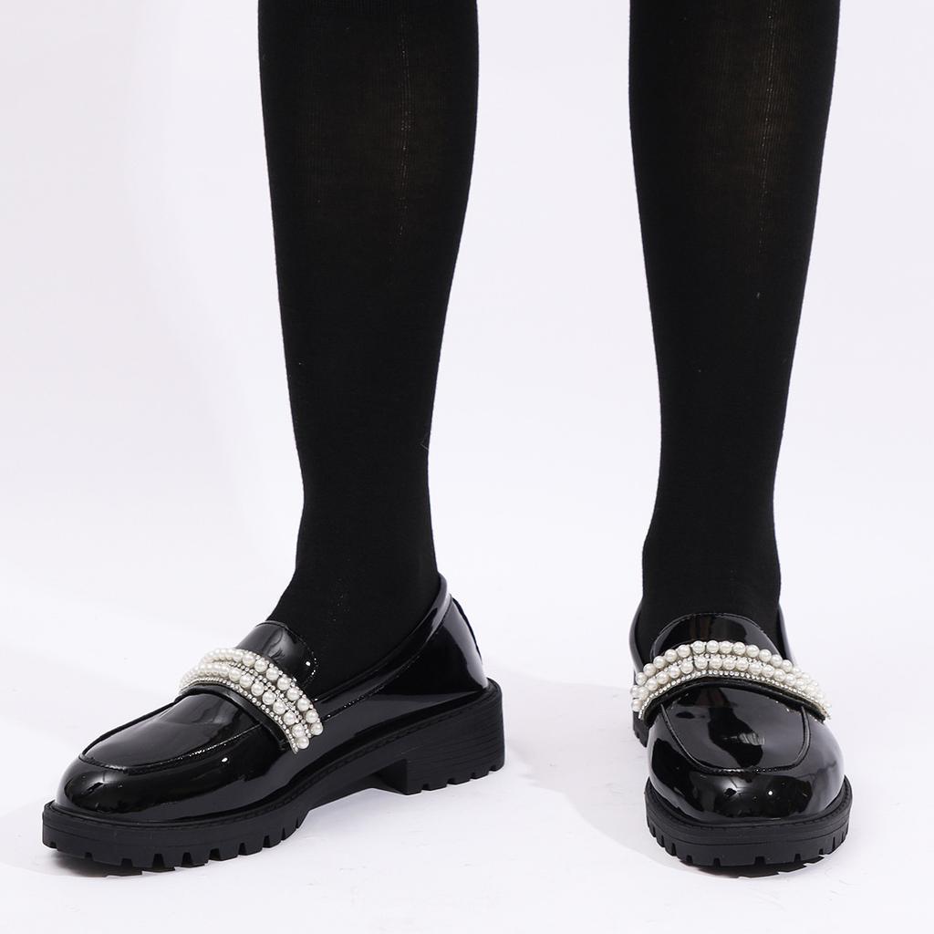 New Niche Retro One-pedal Casual Single Shoes Large Size Medium Heel Pearl Lady Small Leather Shoes