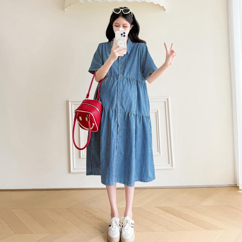 2026 Summer Maternity Striped Denim Jumpsuit - Age-Reducing, High-End, Loose Fit, Short Sleeve L