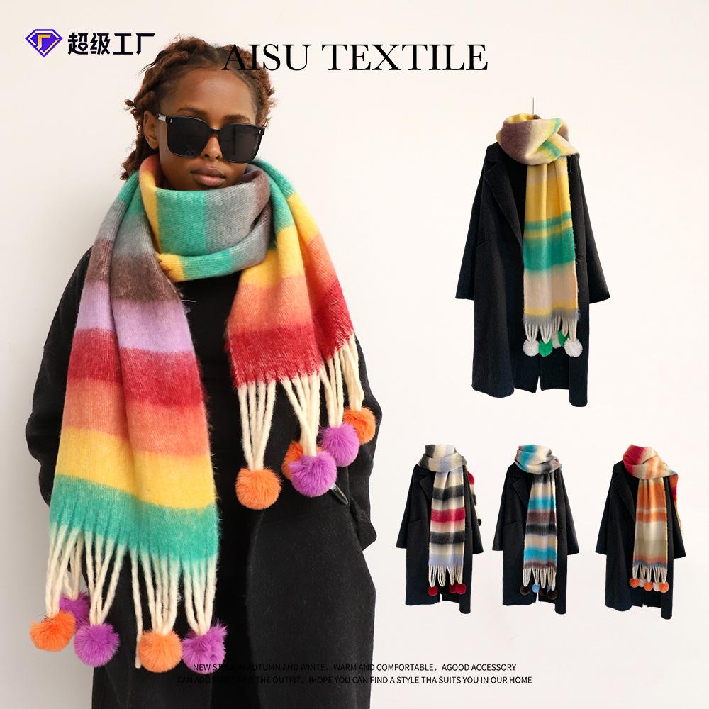 Winter Rainbow Striped Scarf Soft Hanging Hairball Scarf Mohair Thickened Warm Student Cold Scarf Shawl