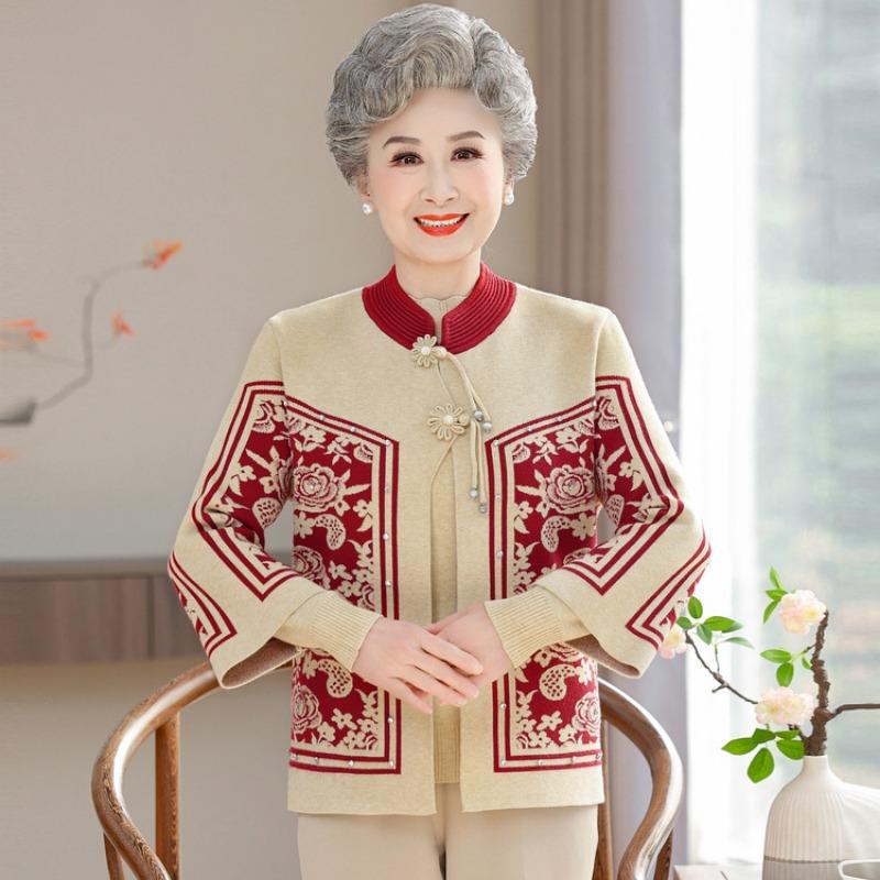 Grandma Autumn and Winter Sweater Thickened Medium Elderly Clothes Female Old Lady Elderly Clothes Mother Chinese New Year Winter Coat