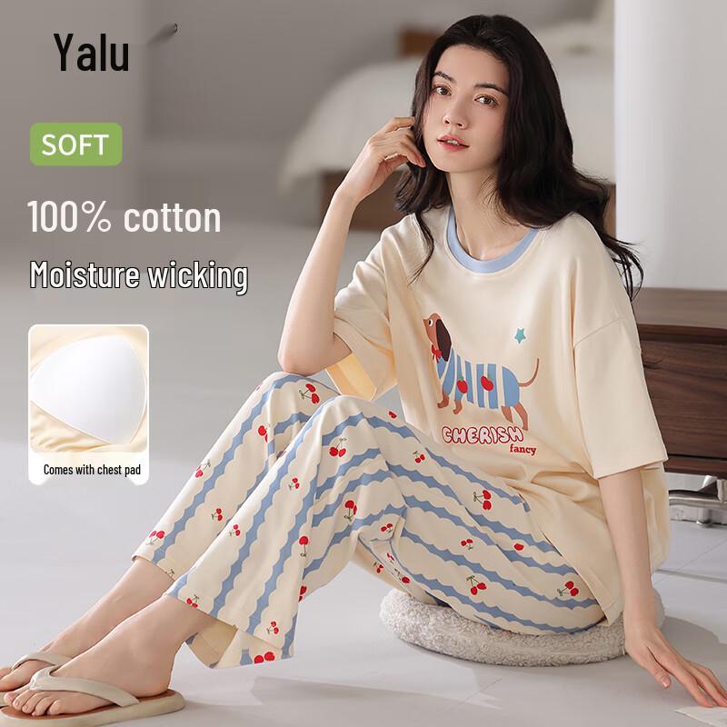 Yalu Women s 100% Cotton Short-Sleeve Long Pants Pajama Set L