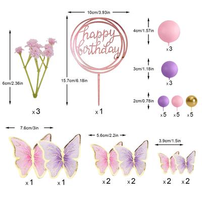 Toppers de Bolo Bolas Rosa Roxas Decorações de Bolo Borboleta Topper de Bolo Feliz Aniversário para Casamento Chá de Bebê Aniversário Flor O