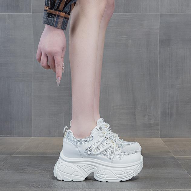 Fashion 9CM Air Mesh Microfiber Leather Flats Lace Up Ladies Fashion Summer Women Spring Platform Wedge Shoes Chunky Sneaker Vulcanize