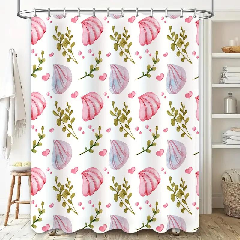 Lebhaftes Blumendekor Duschvorhang-Set Rosa Muschel Grünes Blatt Badezimmer-Dekoration für Zuhause Badezimmerzubehör Moderne Duschvorhänge w