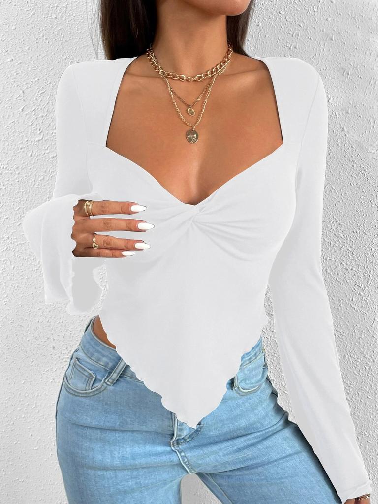 T-shirt Vacation V-neck Flared Sleeve Waisted Irregular Knit Long-sleeved T-shirt Tops