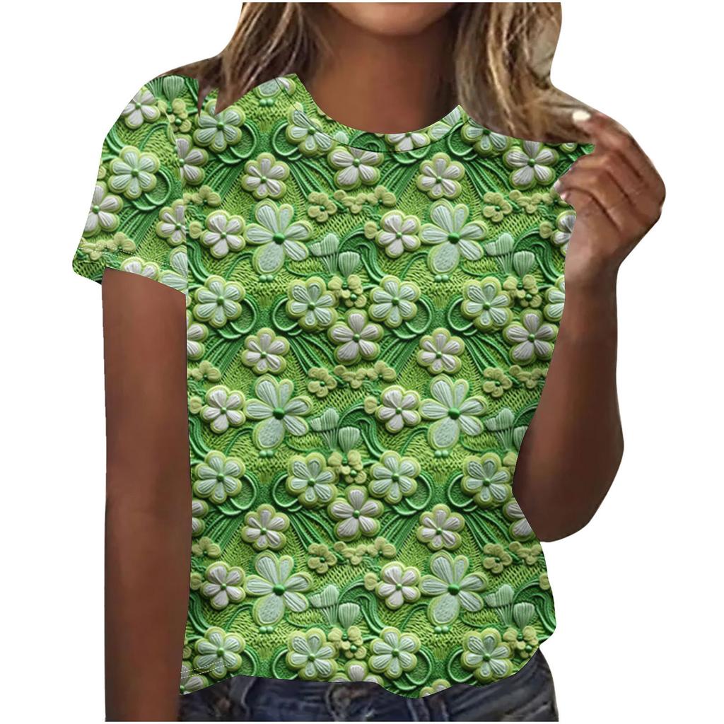 Cuello Redondo de Verano 3D St. Camisetas de Manga Corta Casuales de Moda para Mujer con Estampado Temático Verde del Día de San Patricio