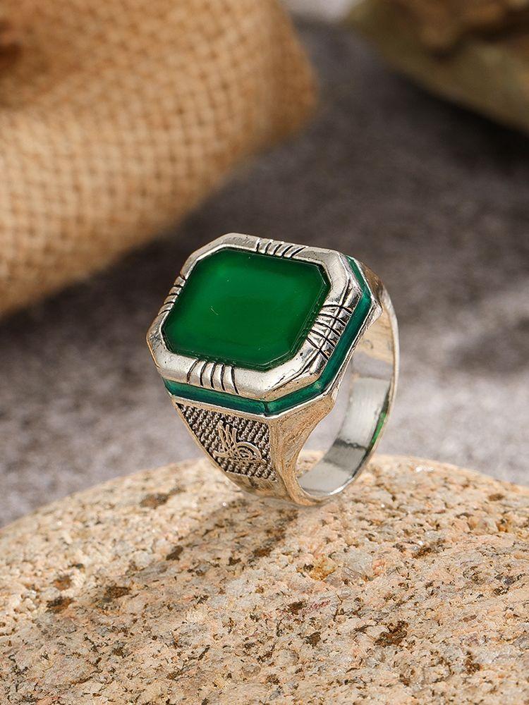 

New Green Gem Zinc Alloy Ring For Men Fashion Trend Zircon Geometric Finger Ring Male Vintage 11