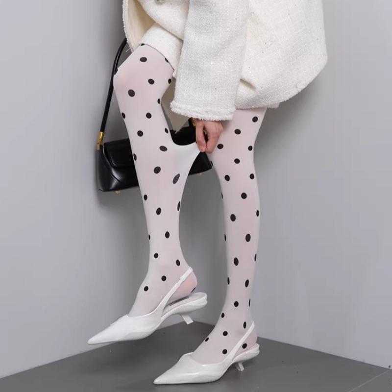 White Vintage Dot Patterned Footed Tights Japanese Style Thin Silky Pantyhose Opaque Stockings for Women Girls One Size белый