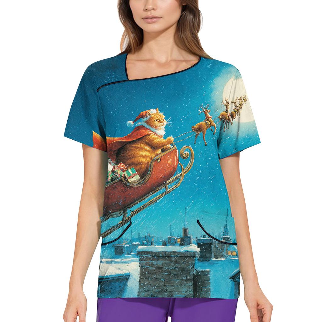 Women's Printed Work Clothes, Sloping Collar And Double Layer Pockets, Basic Top Pullover